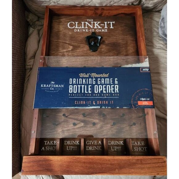 Clink-It-Drink-It Game Rustic Wooden Game w/ Bottle Opener Hooks, Brown Wall Han - Picture 1 of 4
